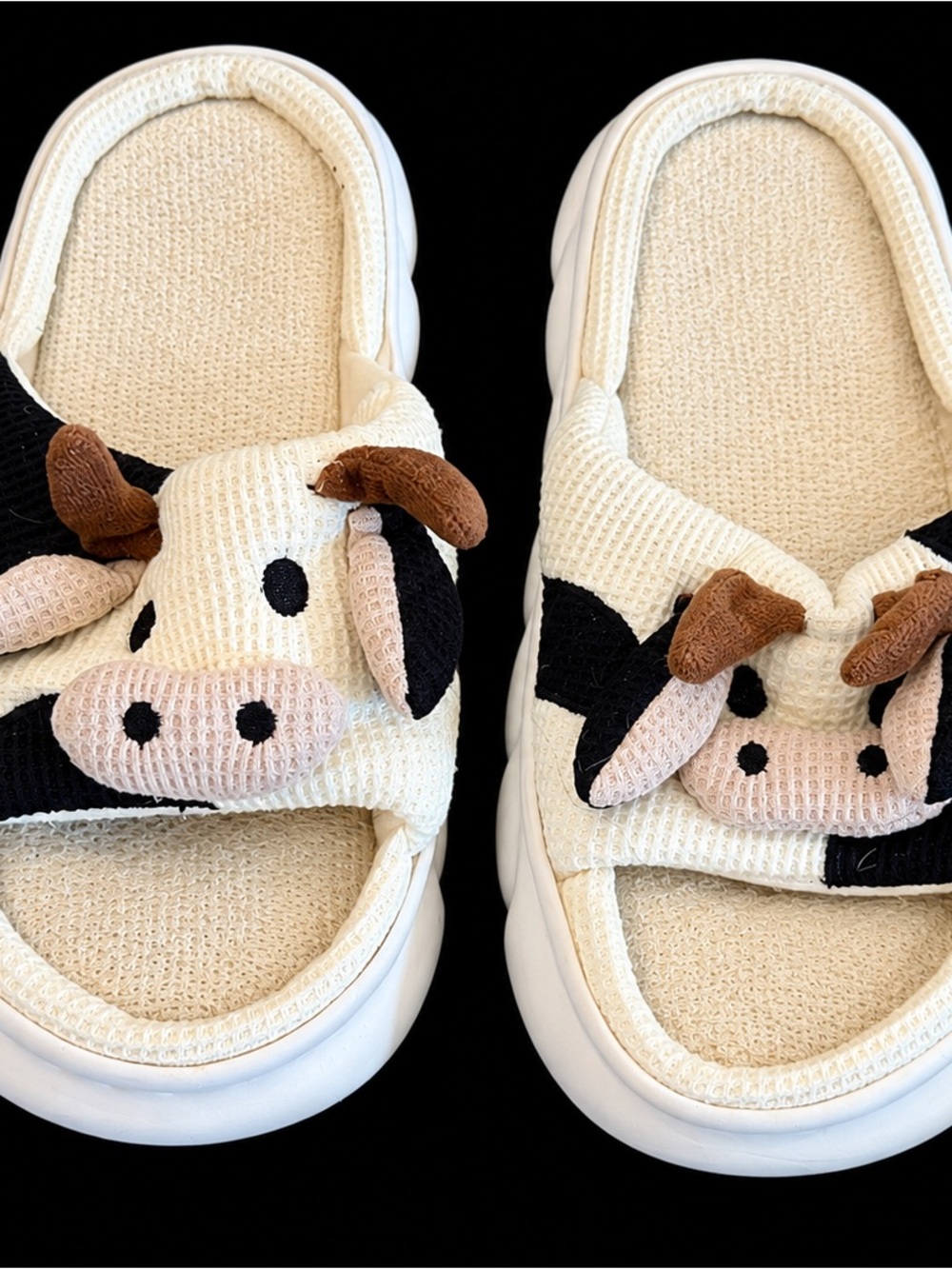 : 3D Cow Face Waffle Knit Platform Slippers EU 38-39